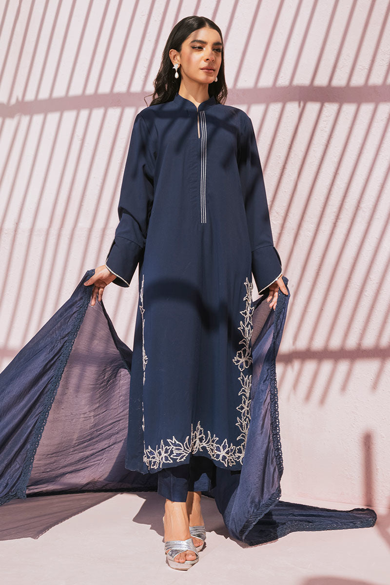 Pakistani Navy Swarovski Embellished Silk Salwar Kameez (3-Piece) - Image 5