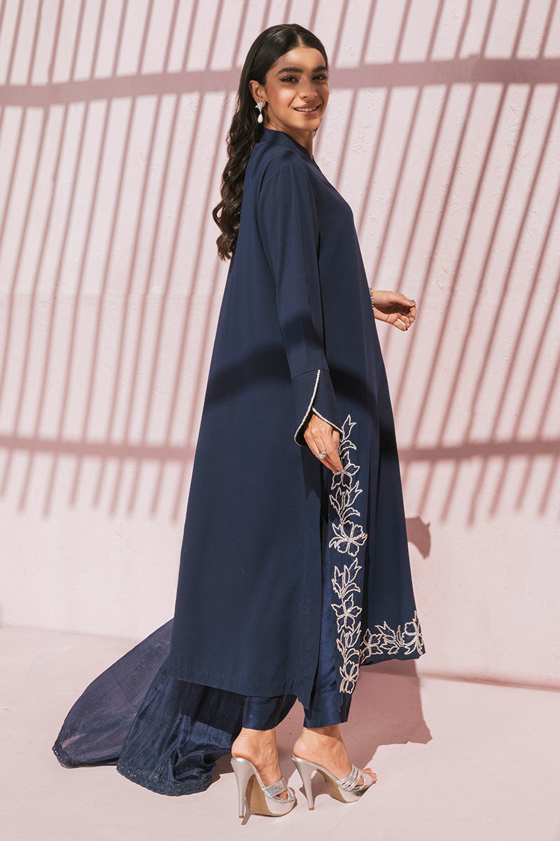 Pakistani Navy Swarovski Embellished Silk Salwar Kameez (3-Piece) - Image 6