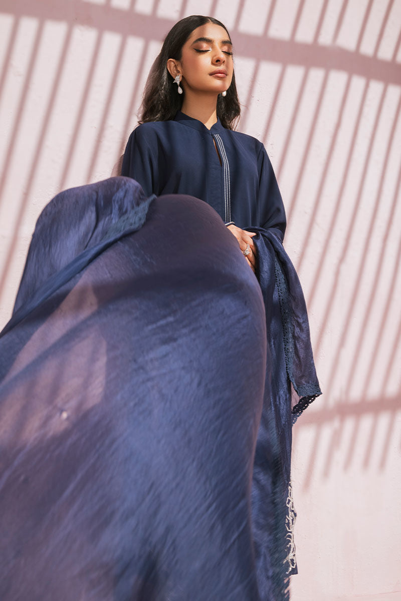 Pakistani Navy Swarovski Embellished Silk Salwar Kameez (3-Piece) - Image 7