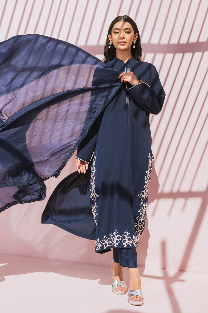 Pakistani Navy Swarovski Embellished Silk Salwar Kameez (3-Piece) - Image 9