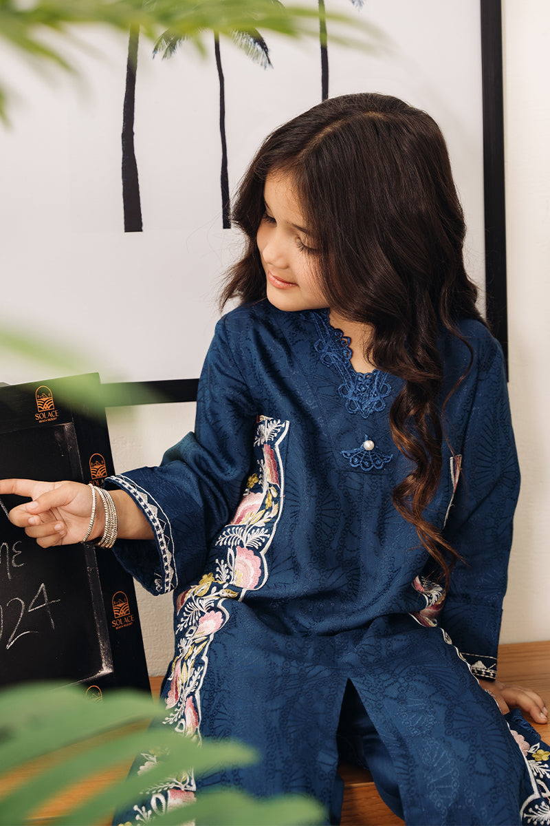 Pakistani Navy Embroidered Embossed Silk Kurta Set (2-Piece) - Image 2