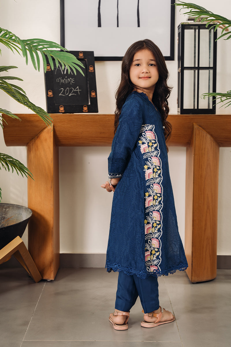 Pakistani Navy Embroidered Embossed Silk Kurta Set (2-Piece) - Image 4