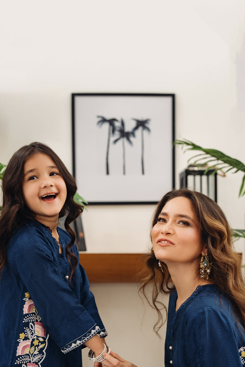 Pakistani Navy Embroidered Embossed Silk Kurta Set (2-Piece) - Image 6