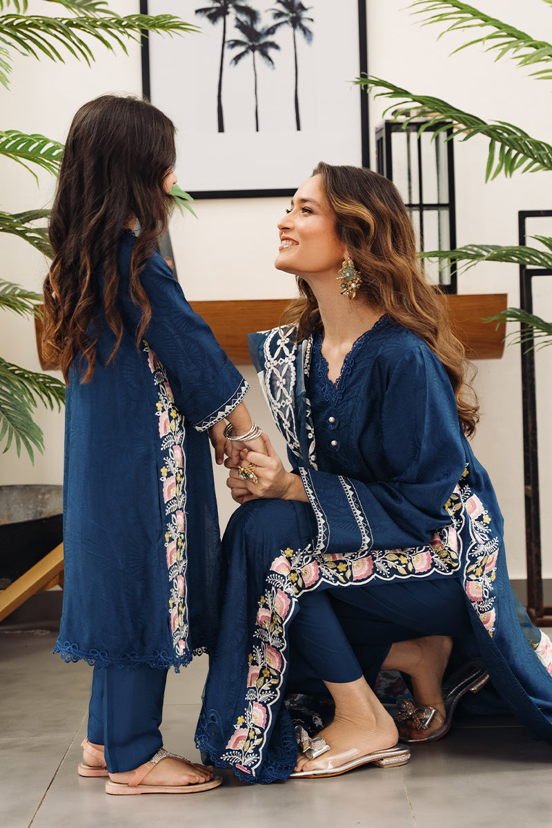 Pakistani Navy Embroidered Embossed Silk Kurta Set (2-Piece) - Image 8