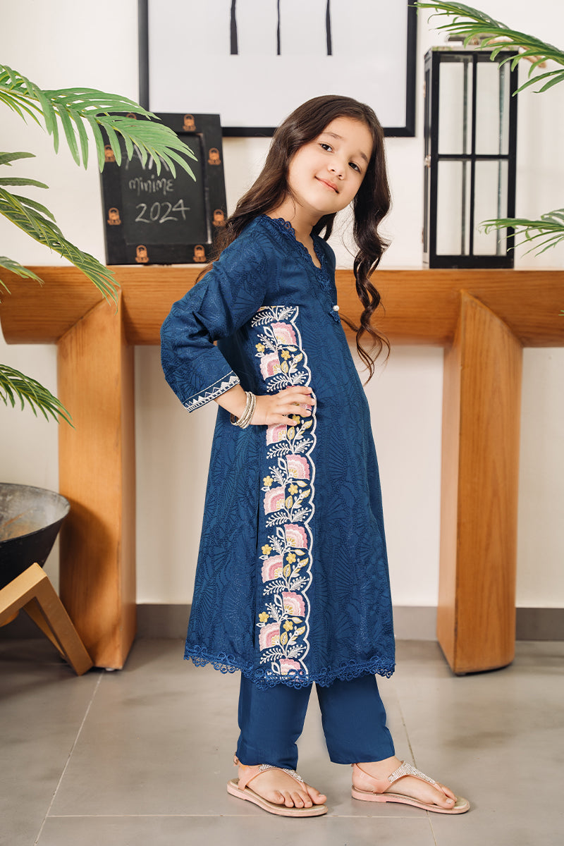 Pakistani Navy Embroidered Silk Kids Salwar Kameez (2-Piece) - Image 1