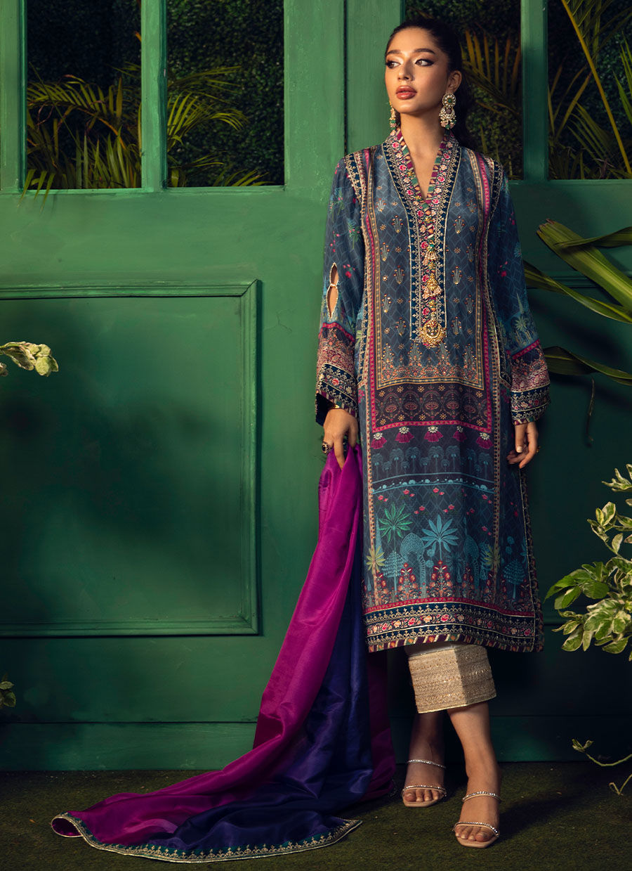 Deep Navy Embroidered Pure Silk Kurta (3-Piece) - Image 1