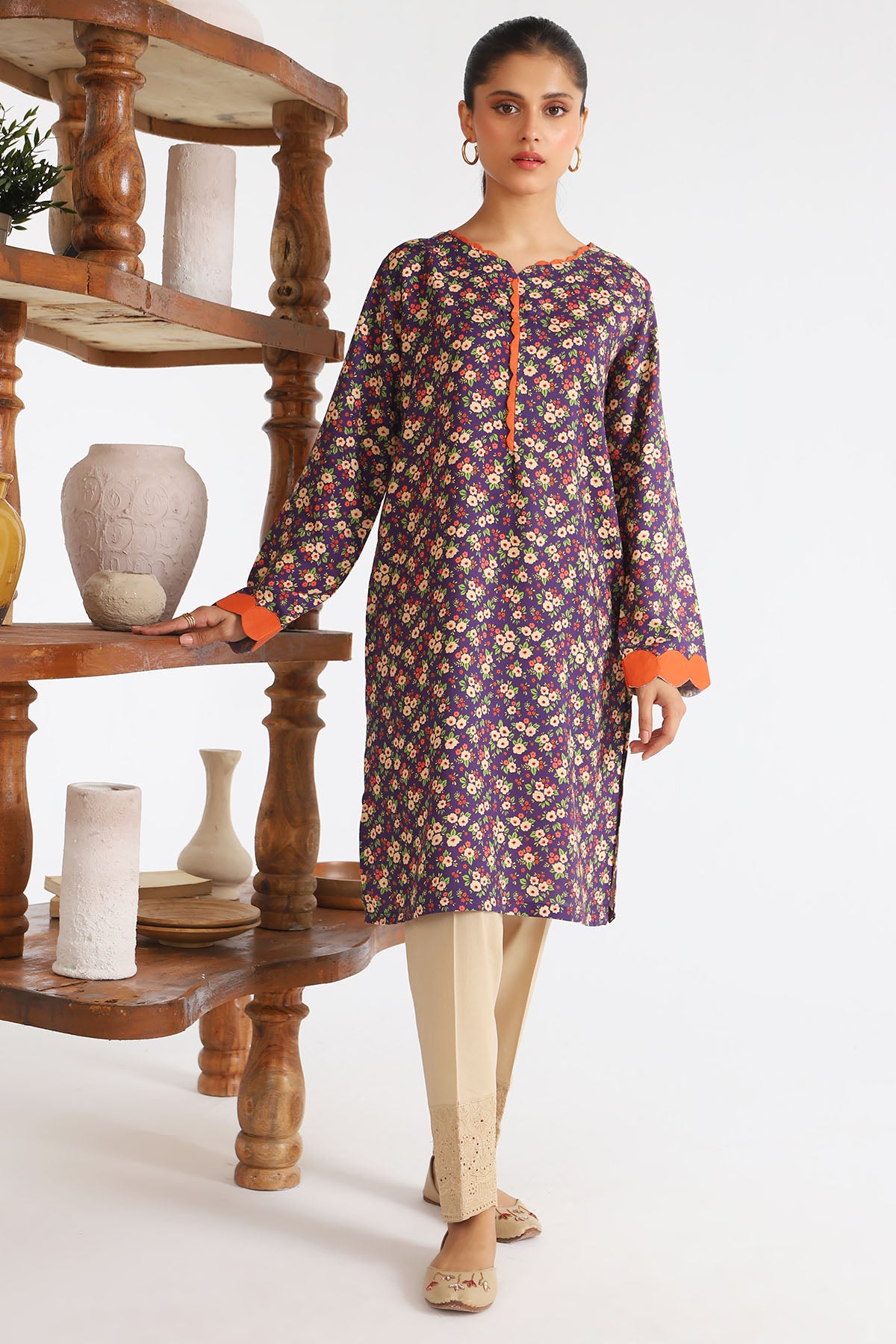 Pakistani Navy Digital Printed Slub Linen Kurta (1-Pc) - Image 1