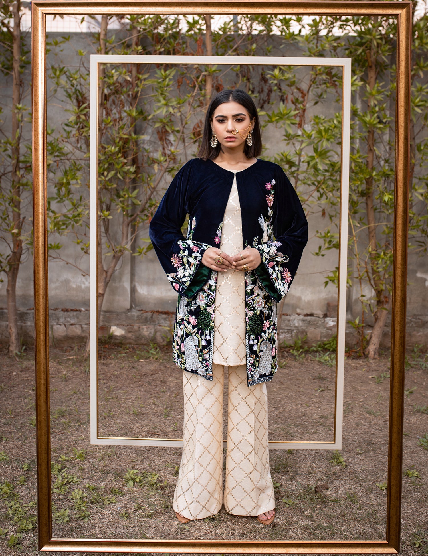 Pakistani Navy Blue Embroidered Velvet Silk Jacket Suit (2-Piece) - Image 1