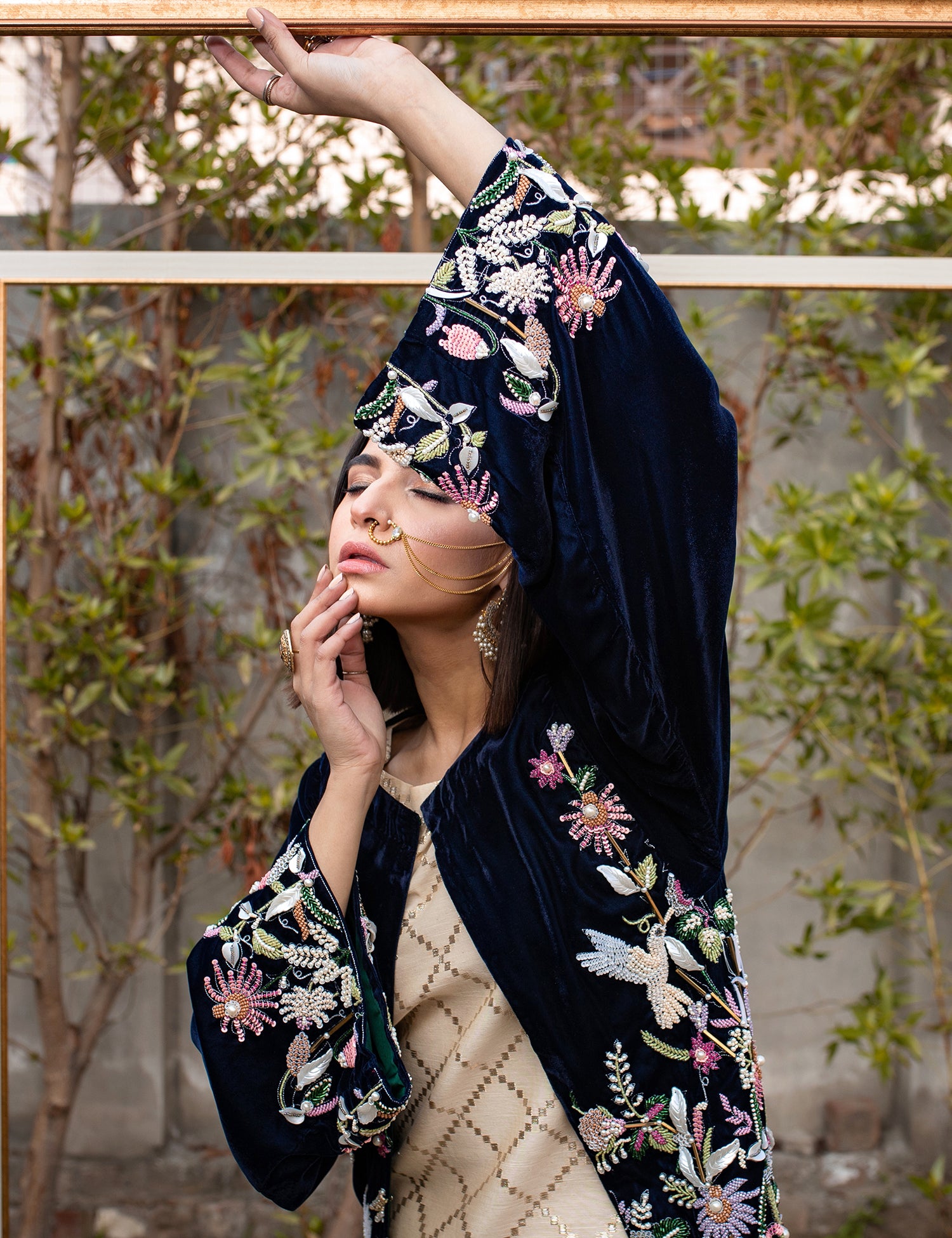 Pakistani Navy Blue Embroidered Velvet Silk Jacket Suit (2-Piece) - Image 2