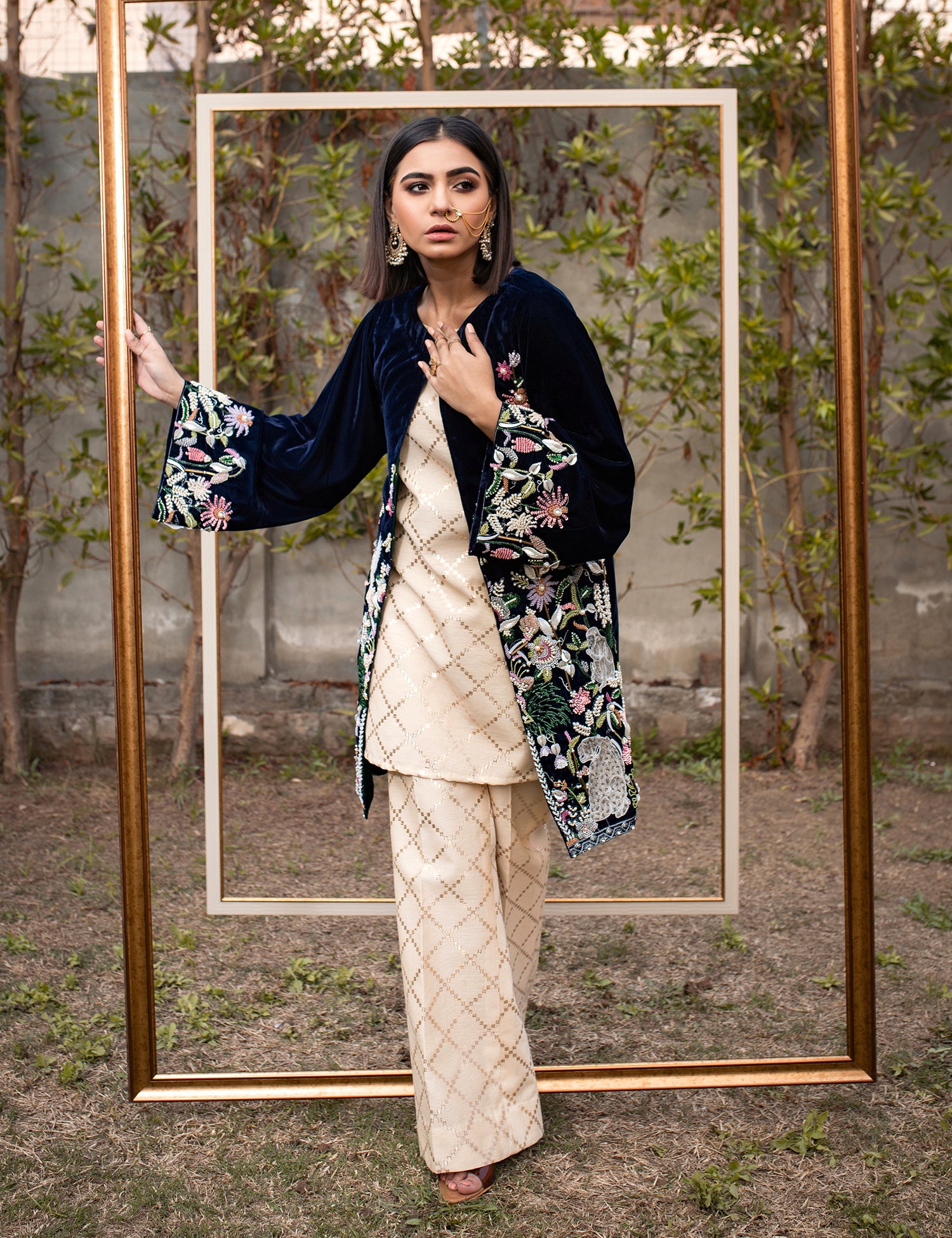 Pakistani Navy Blue Embroidered Velvet Silk Jacket Suit (2-Piece) - Image 3