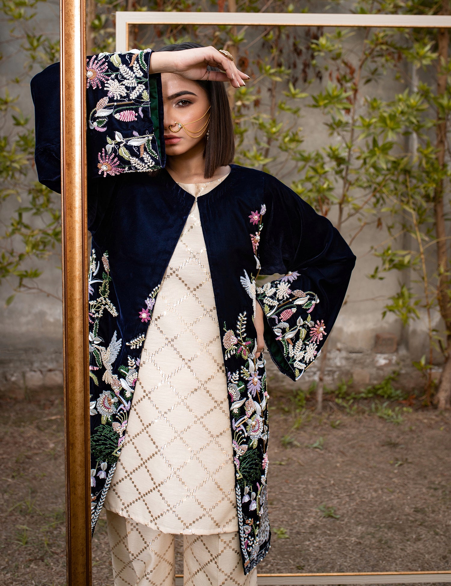 Pakistani Navy Blue Embroidered Velvet Silk Jacket Suit (2-Piece) - Image 4