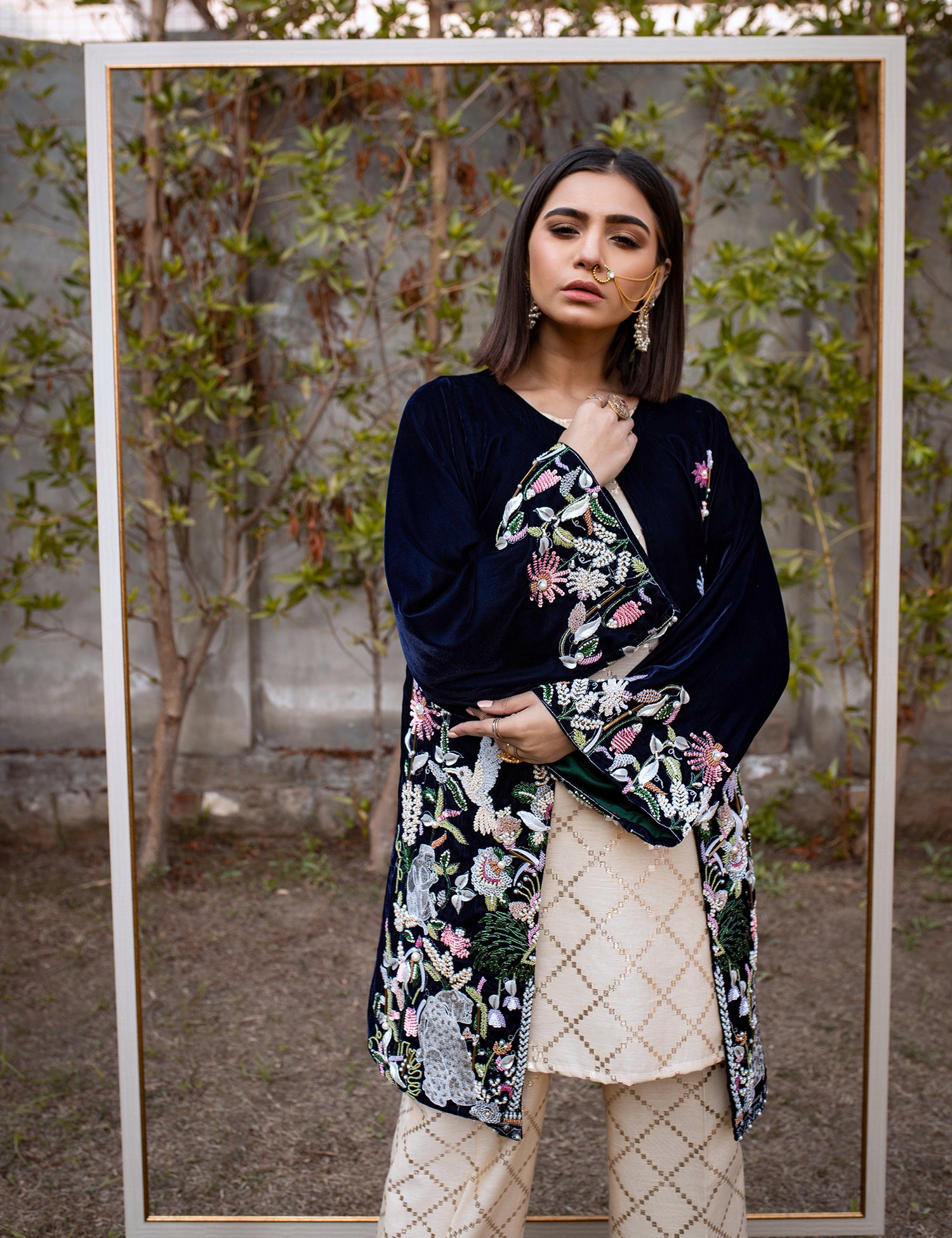 Pakistani Navy Blue Embroidered Velvet Silk Jacket Suit (2-Piece) - Image 5