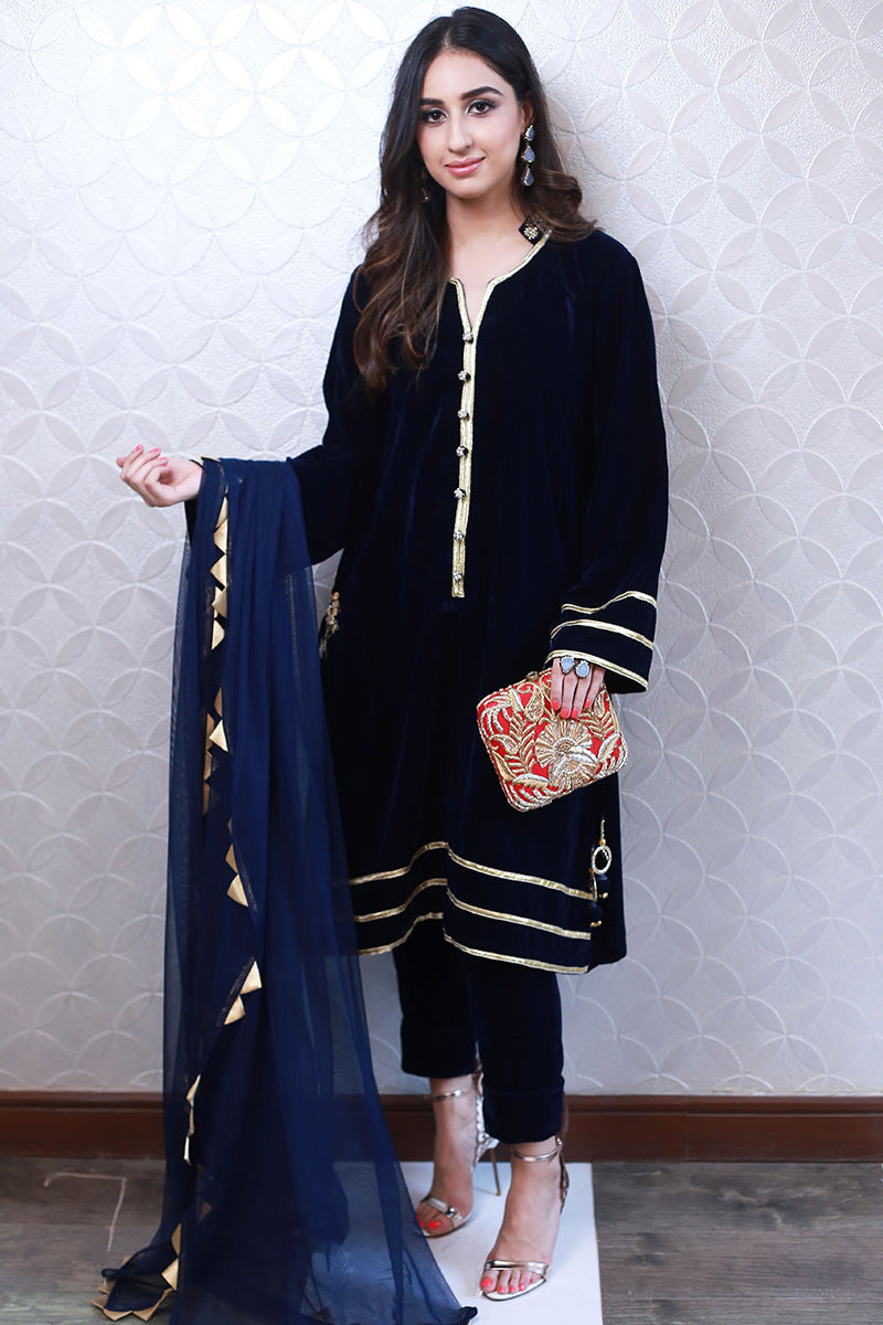 Pakistani Navy Blue Dabka Kora Velvet Salwar Kameez (3-Piece) - Image 1