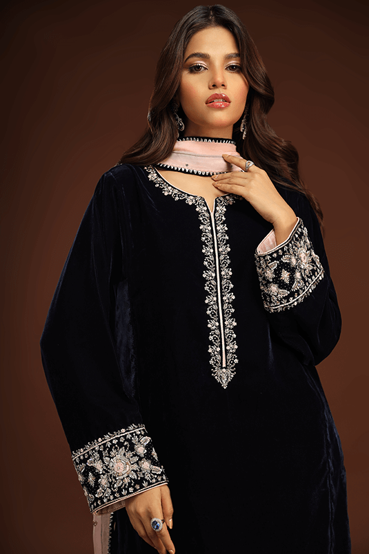 Pakistani Navy Blue Hand-Embroidered Velvet Salwar Kameez (3-Piece) - Image 4