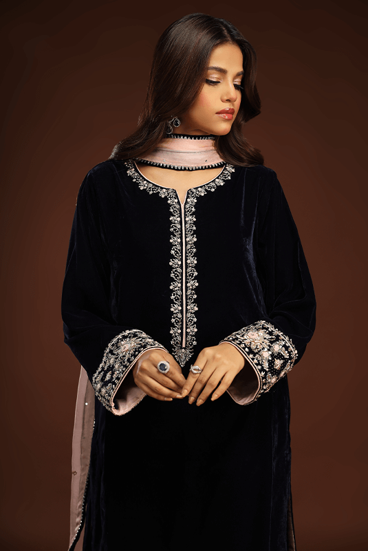 Pakistani Navy Blue Hand-Embroidered Velvet Salwar Kameez (3-Piece) - Image 5