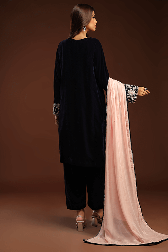 Pakistani Navy Blue Hand-Embroidered Velvet Salwar Kameez (3-Piece) - Image 6