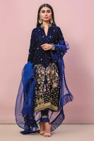 Navy Blue Embroidered Velvet Salwar Kameez (3-Piece) - Image 2