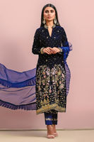 Navy Blue Embroidered Velvet Salwar Kameez (3-Piece) - Image 3