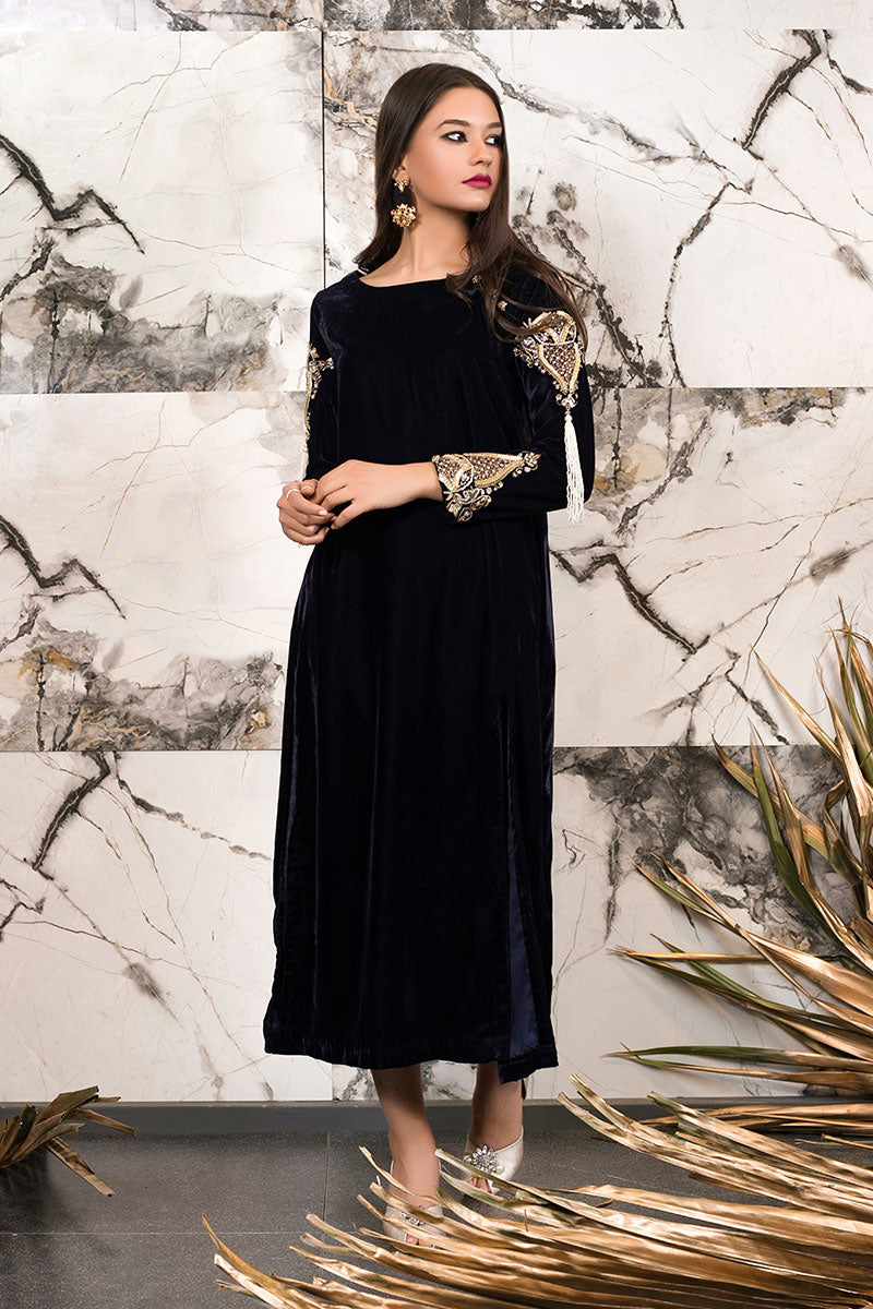 Pakistani Navy Embellished Velvet Salwar Kameez (2-Piece) - Image 1