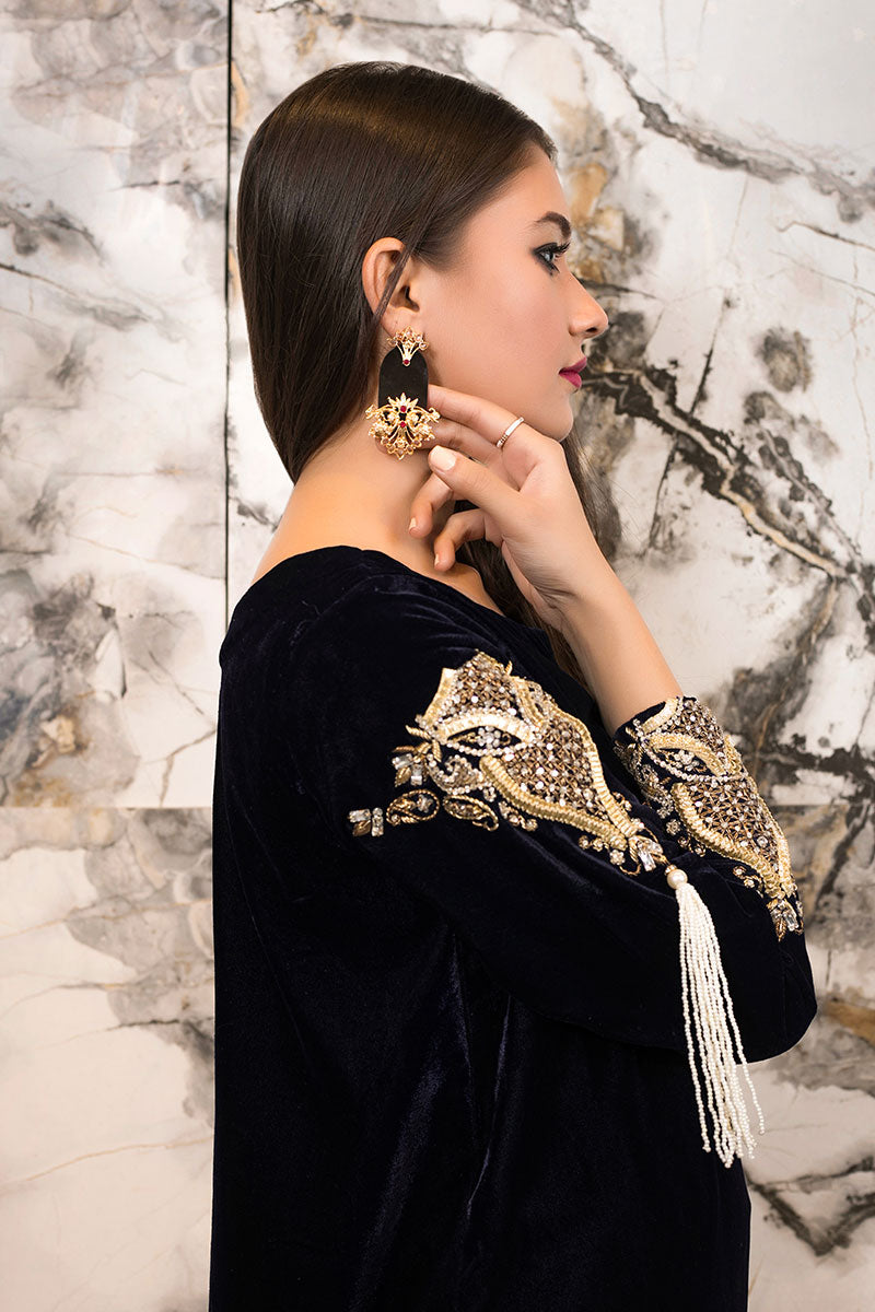 Pakistani Navy Embellished Velvet Salwar Kameez (2-Piece) - Image 3