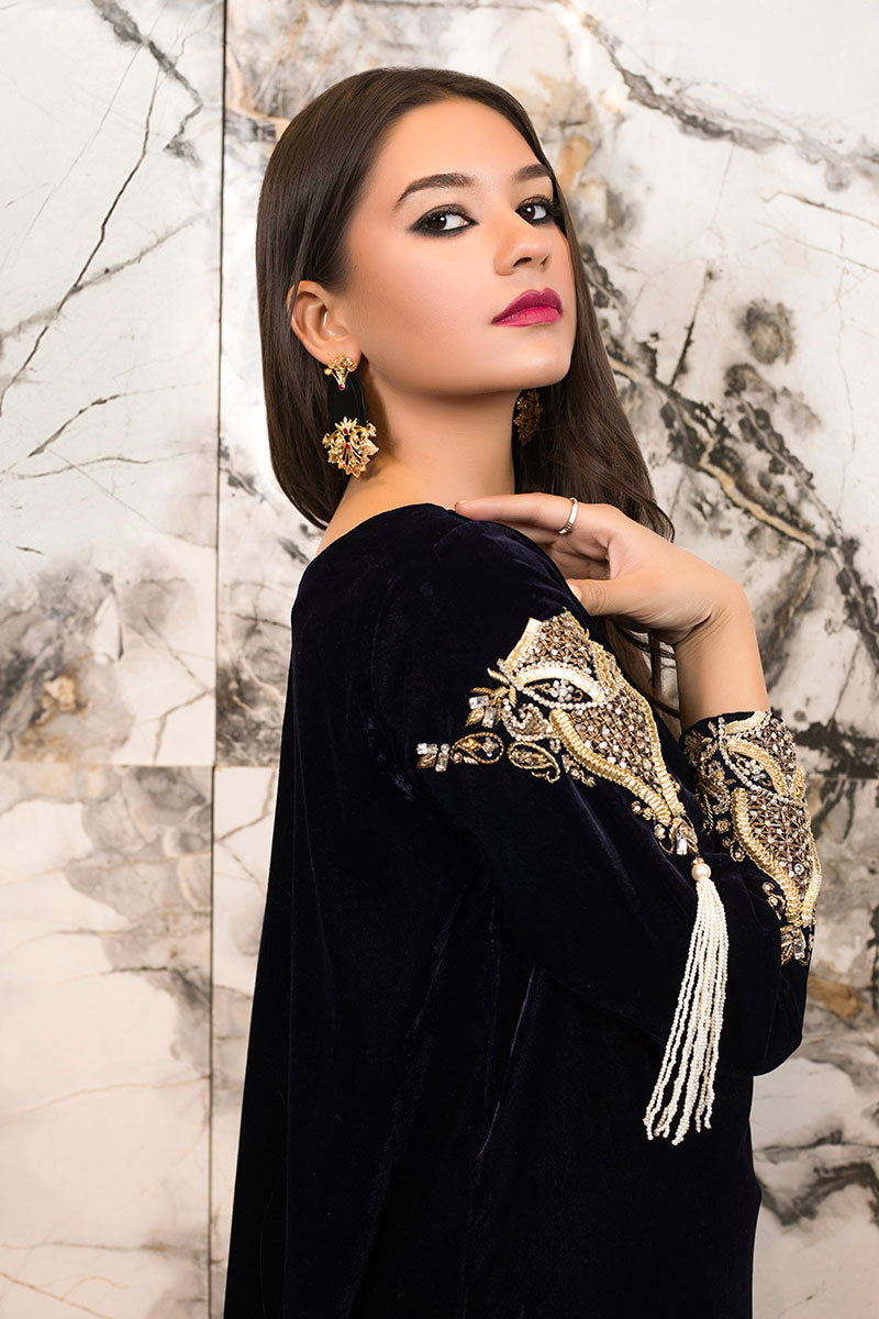 Pakistani Navy Embellished Velvet Salwar Kameez (2-Piece) - Image 4