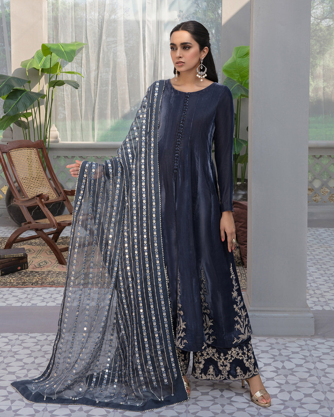 Navy Embroidered Velvet Salwar Kameez (3-Piece) - Image 1