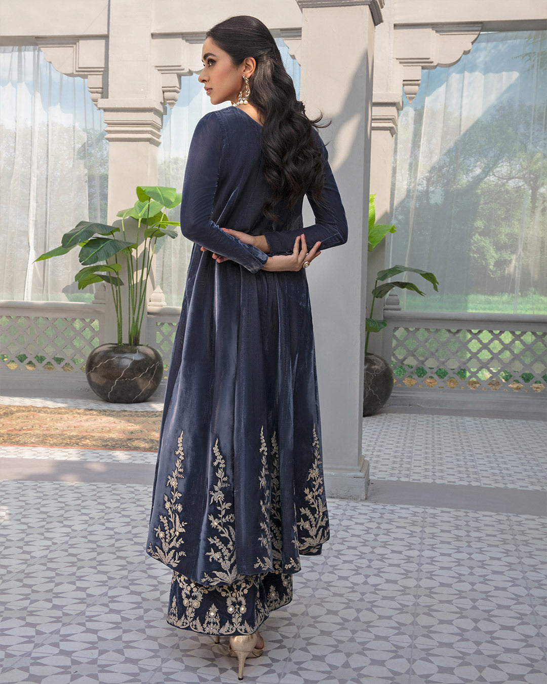 Pakistani Navy Embroidered Velvet Salwar Kameez (3-Piece) - Image 3