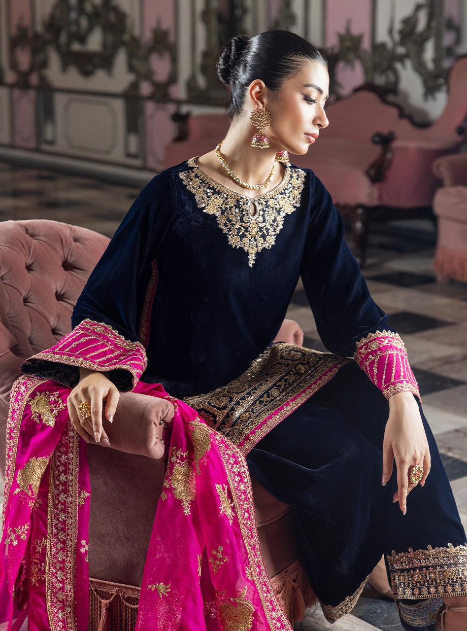 Navy Blue Embroidered Velvet Salwar Kameez (3-Piece) - Image 3