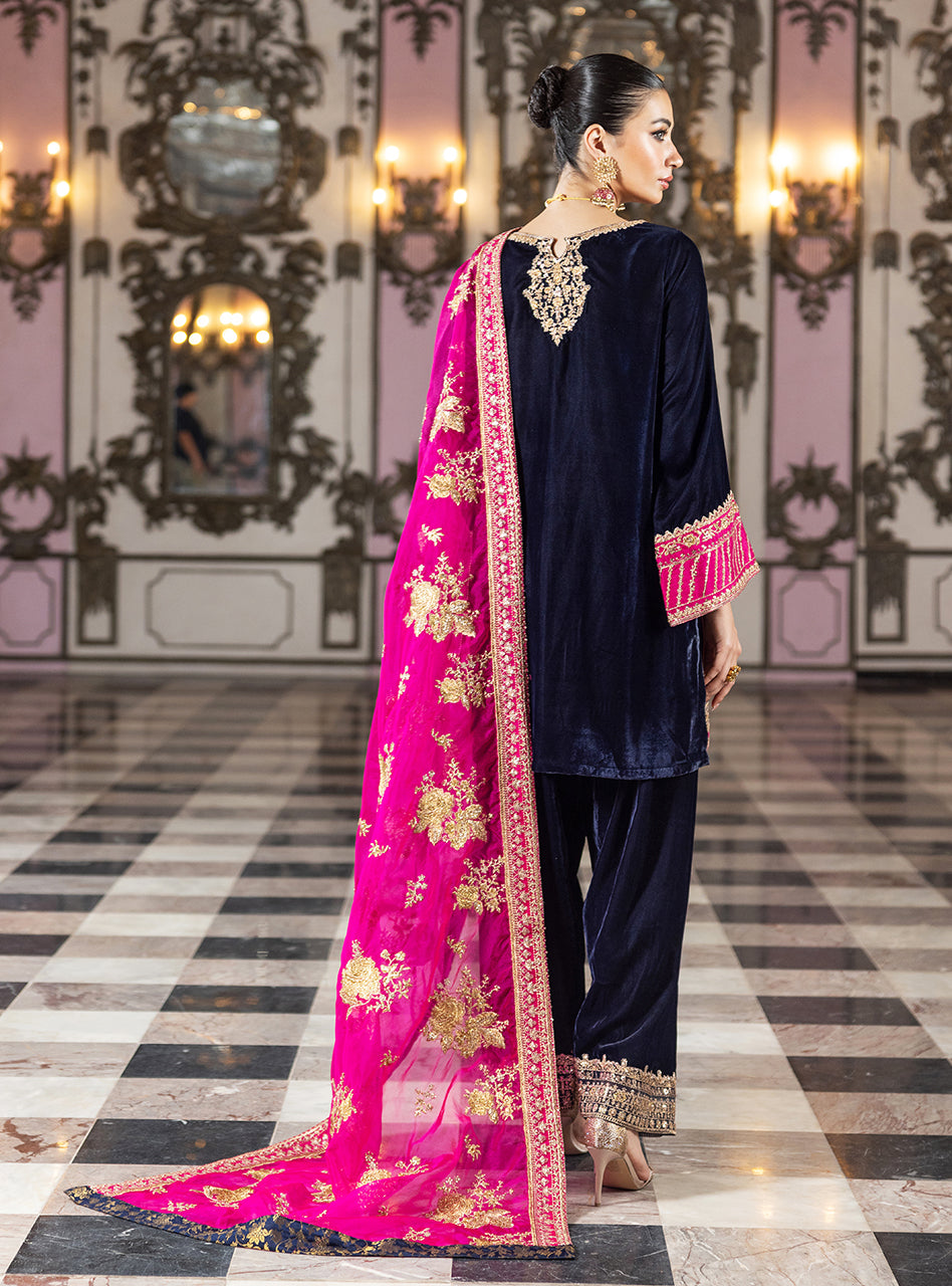 Navy Blue Embroidered Velvet Salwar Kameez (3-Piece) - Image 4