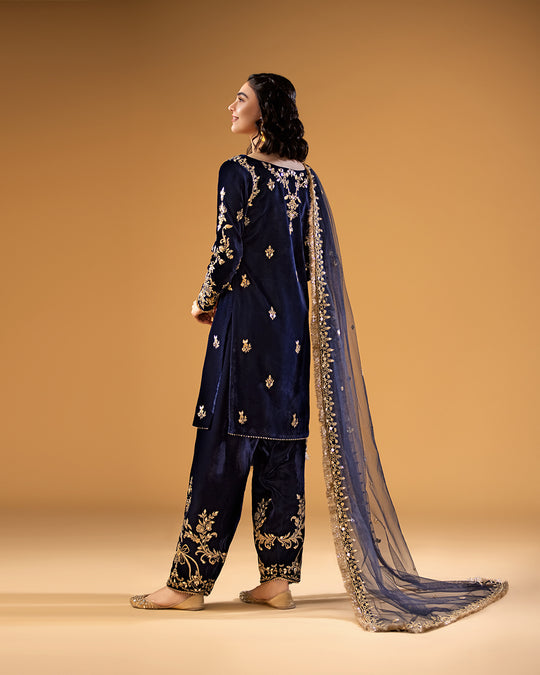 Deep Navy Velvet Embroidered Salwar Kameez (3-Piece) - Image 2
