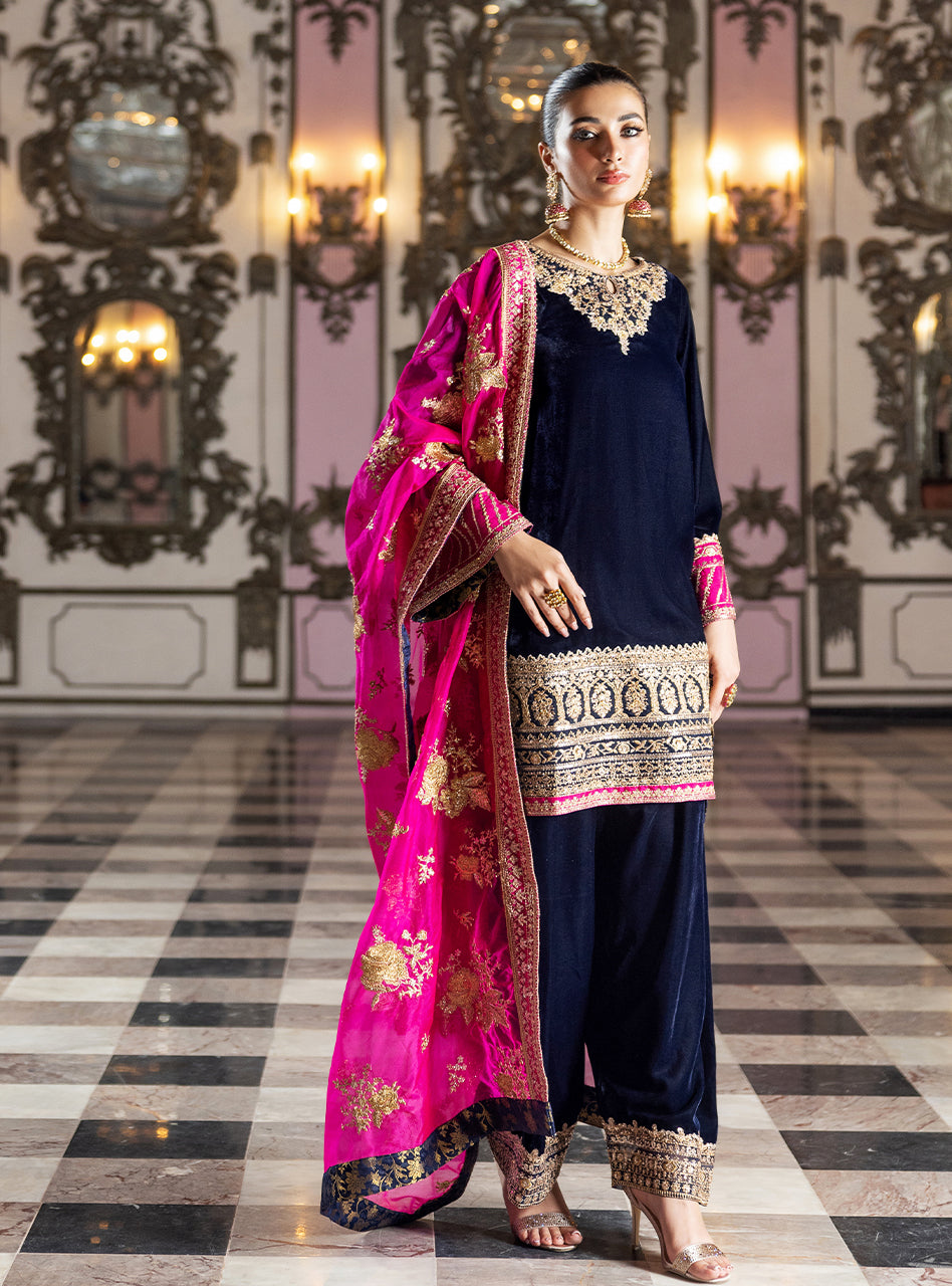 Navy Blue Embroidered Velvet Salwar Kameez (3-Piece) - Image 1