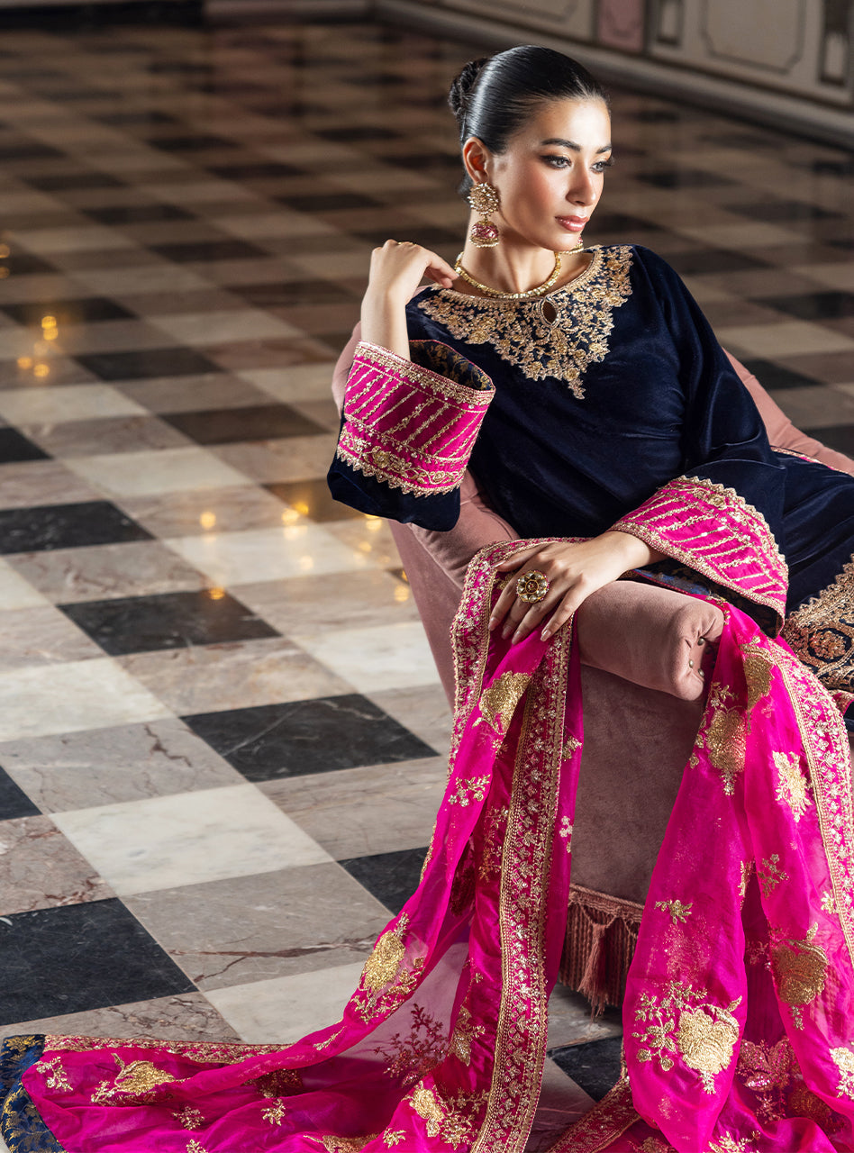 Navy Blue Embroidered Velvet Salwar Kameez (3-Piece) - Image 6
