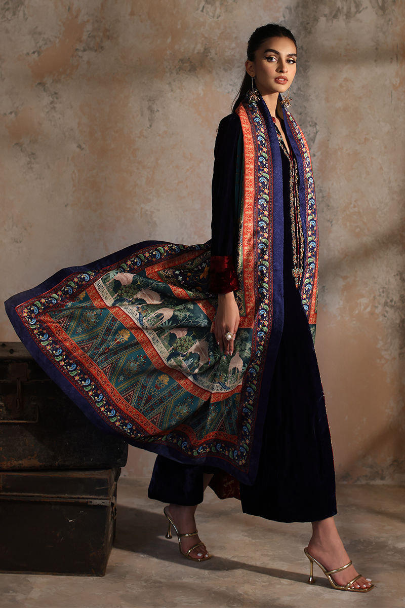 Pakistani Navy Blue Embroidered Velvet Salwar Kameez (3-Piece) - Image 3