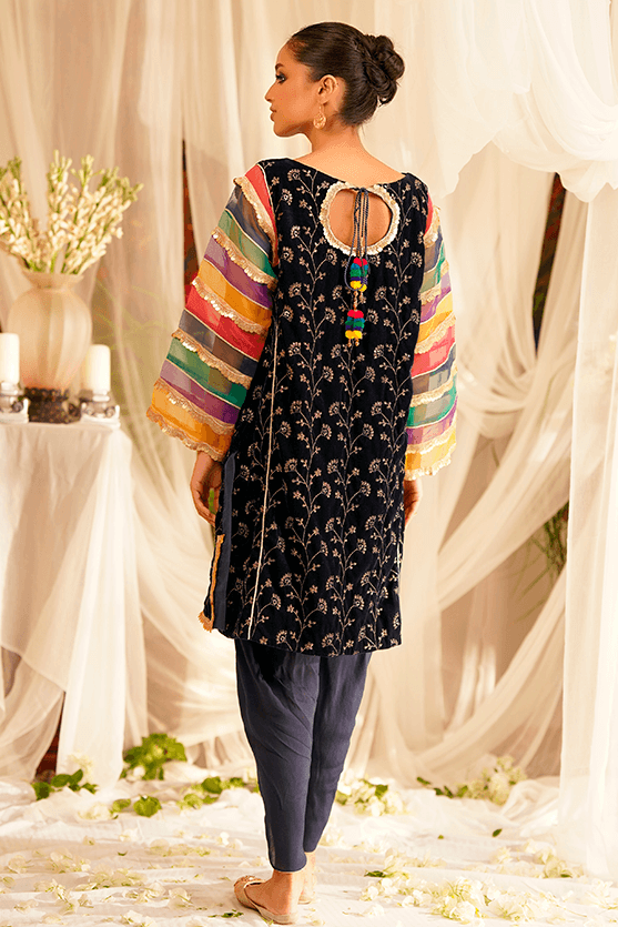 Navy Blue Embroidered Velvet Salwar Kameez (2-Piece) - Image 1