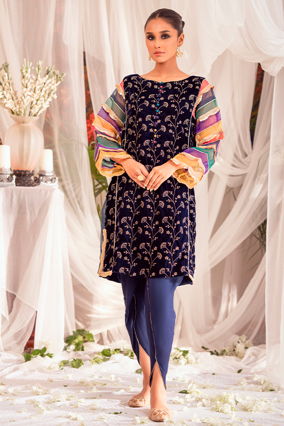 Navy Blue Embroidered Velvet Salwar Kameez (2-Piece) - Image 2