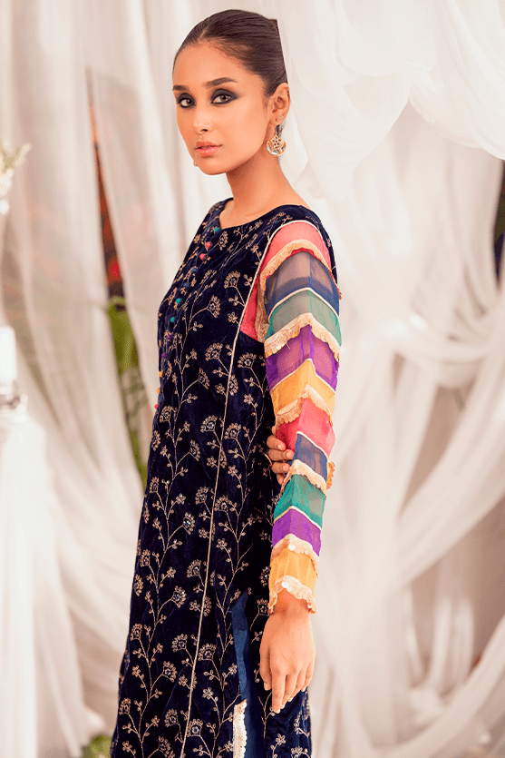 Navy Blue Embroidered Velvet Salwar Kameez (2-Piece) - Image 4