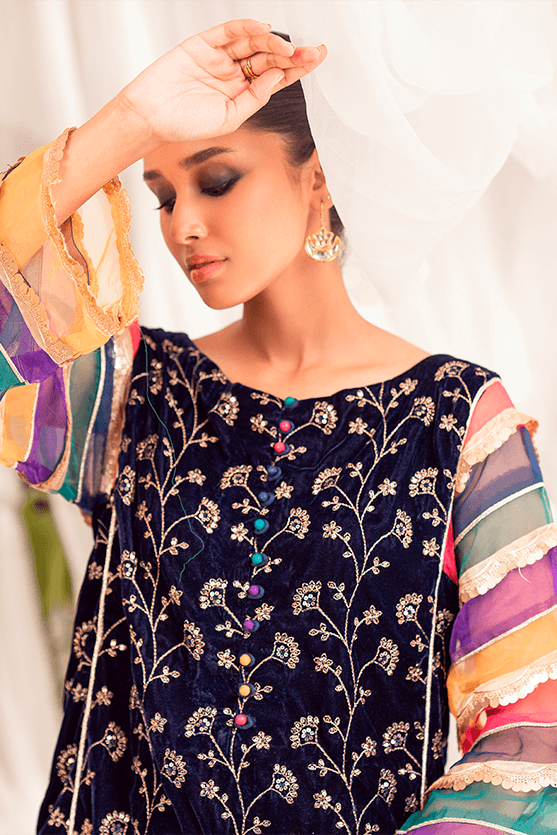 Navy Blue Embroidered Velvet Salwar Kameez (2-Piece) - Image 5
