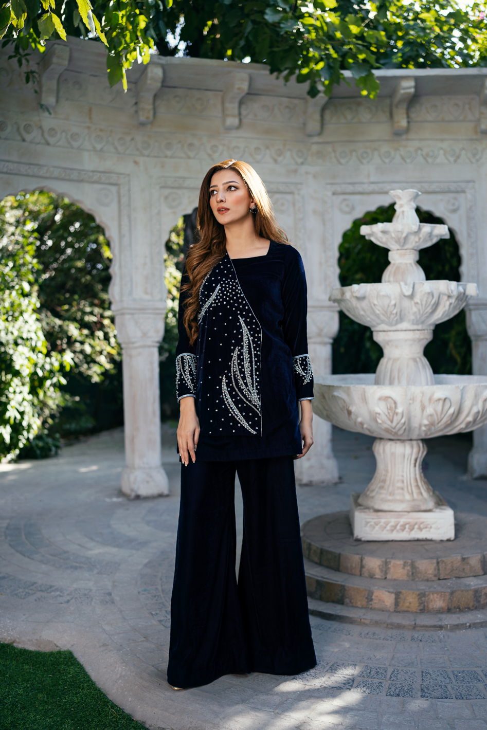 Navy Blue Pearl & Crystal Velvet Salwar Kameez (2-Piece) - Image 1