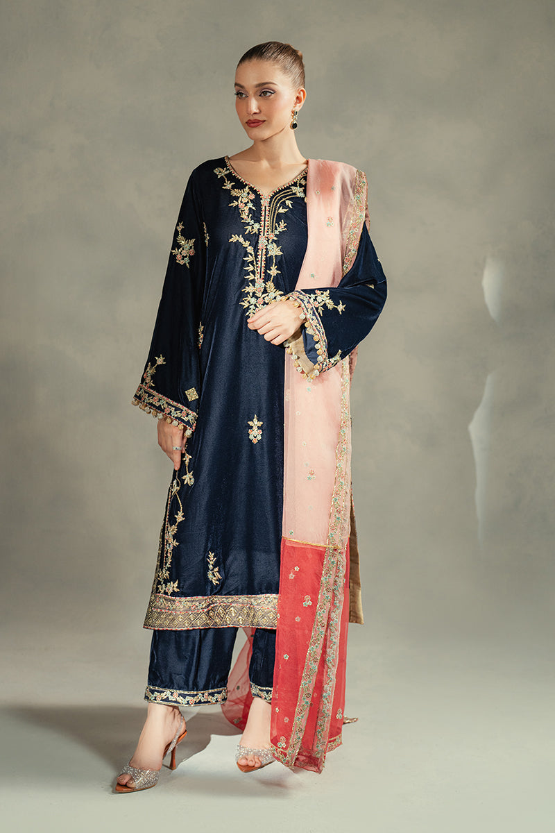 Navy Blue Embroidered Velvet Salwar Kameez (3-Piece) - Image 1