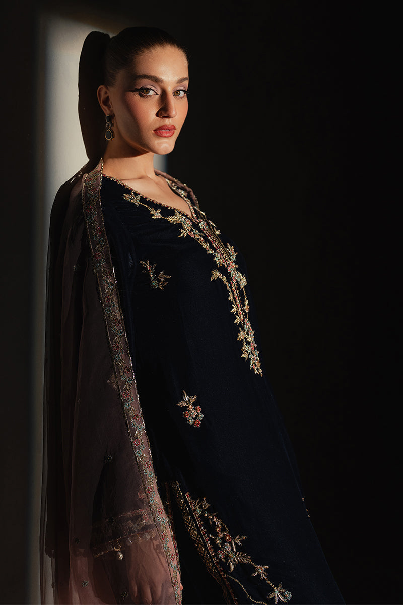 Navy Blue Embroidered Velvet Salwar Kameez (3-Piece) - Image 11