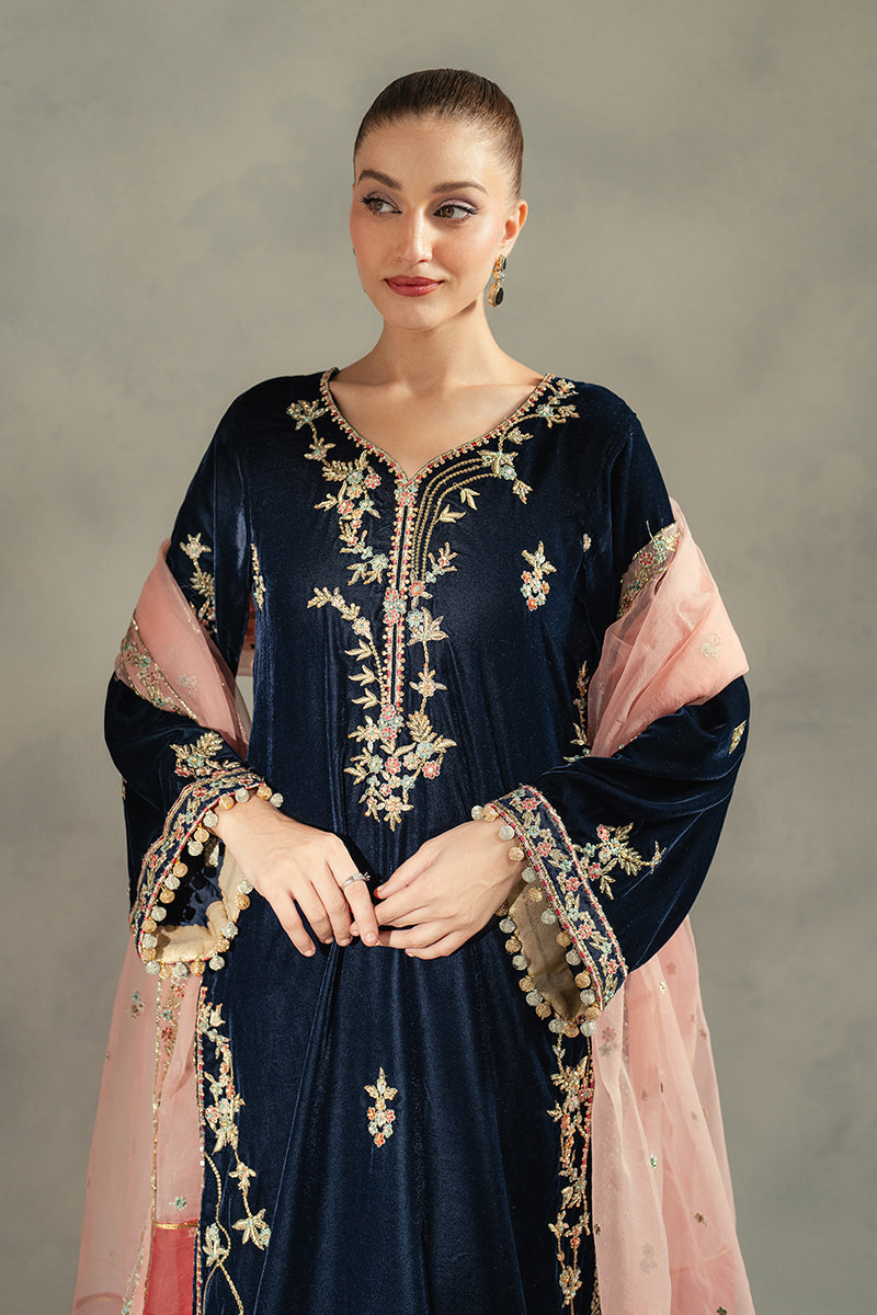 Navy Blue Embroidered Velvet Salwar Kameez (3-Piece) - Image 2
