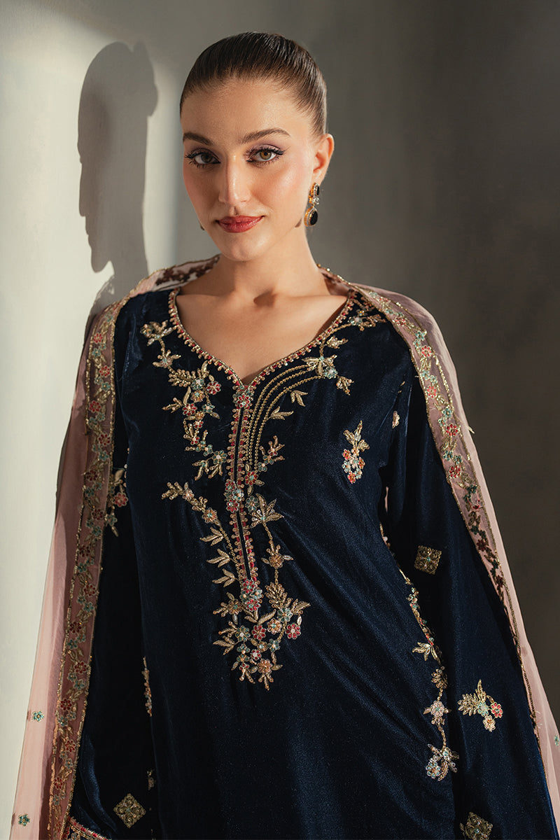 Navy Blue Embroidered Velvet Salwar Kameez (3-Piece) - Image 3