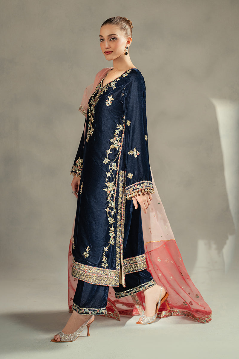 Navy Blue Embroidered Velvet Salwar Kameez (3-Piece) - Image 4