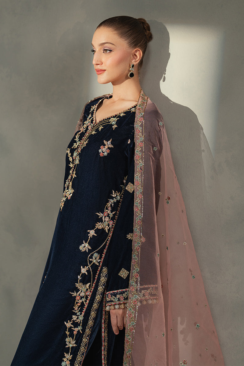 Navy Blue Embroidered Velvet Salwar Kameez (3-Piece) - Image 5