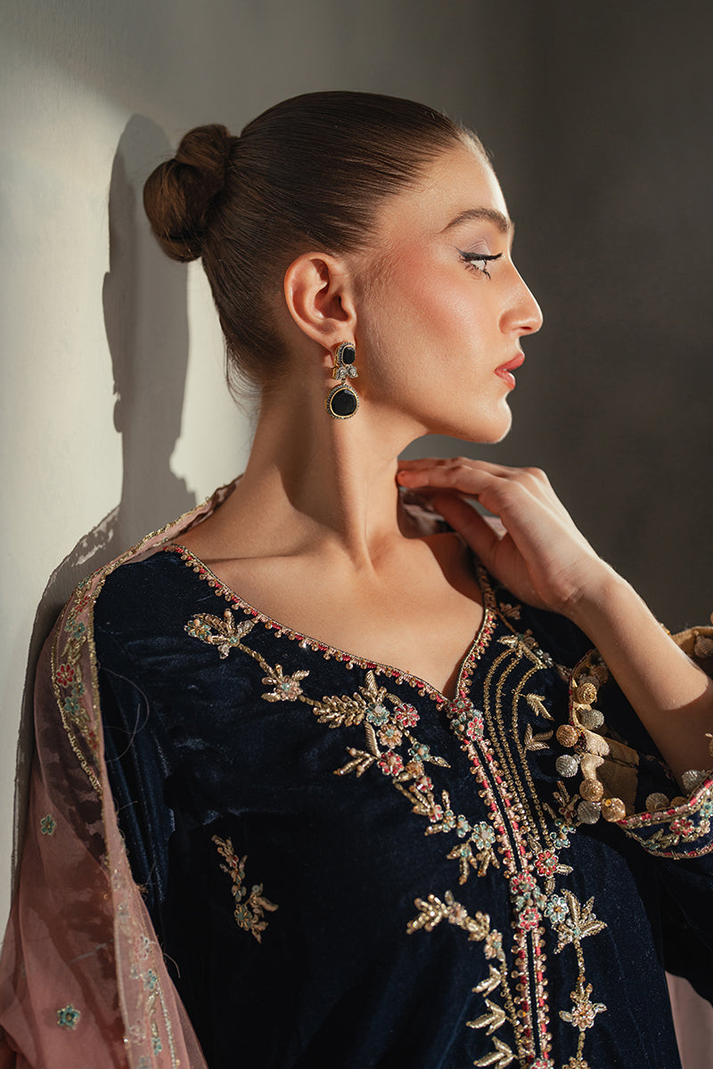 Navy Blue Embroidered Velvet Salwar Kameez (3-Piece) - Image 6