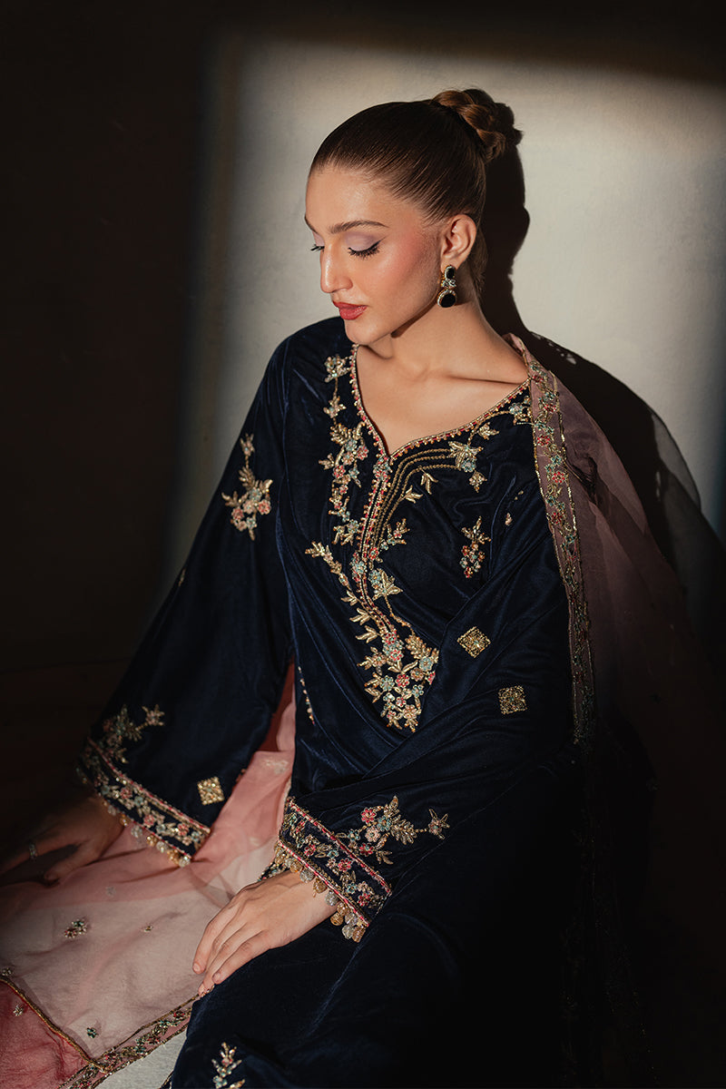 Navy Blue Embroidered Velvet Salwar Kameez (3-Piece) - Image 8