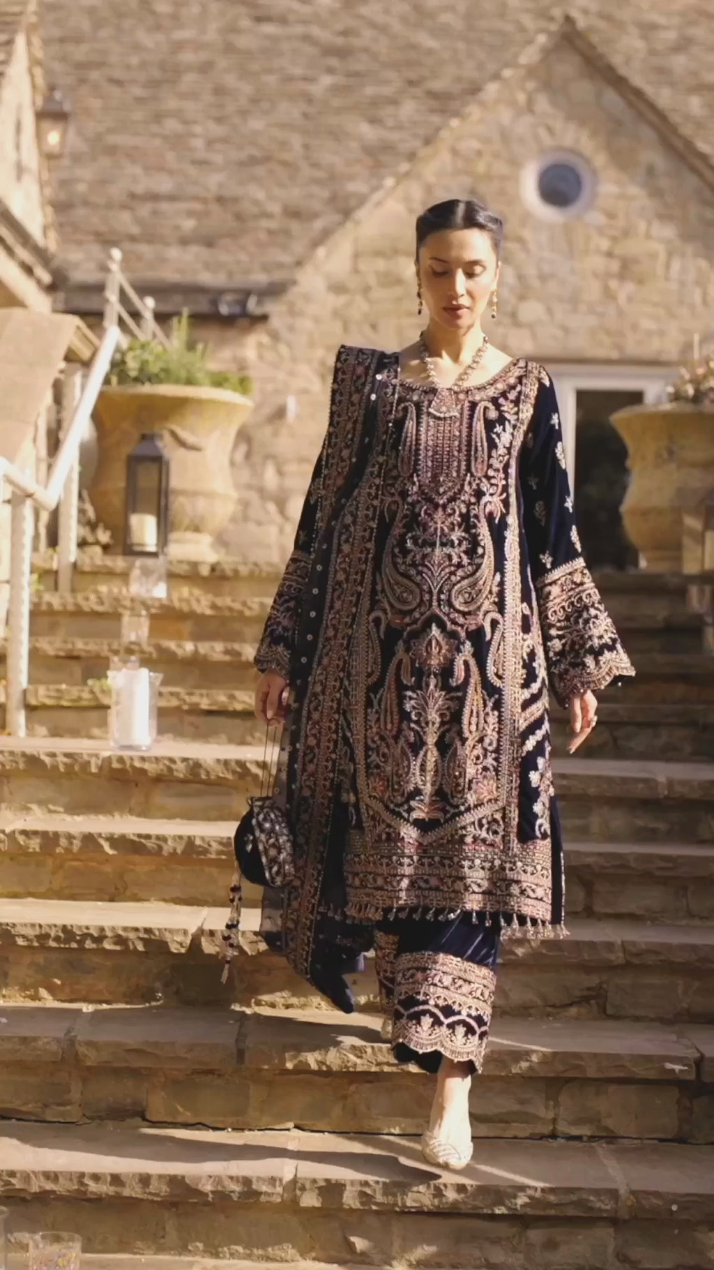 Pakistani Navy Blue Embroidered Velvet Salwar Kameez (3-Piece) - Image 7