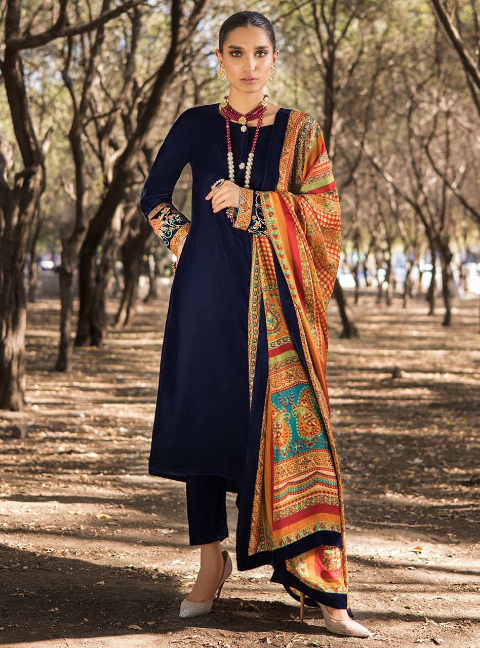 Pakistani Deep Navy Embroidered Velvet Salwar Kameez (3-Piece) - Image 2