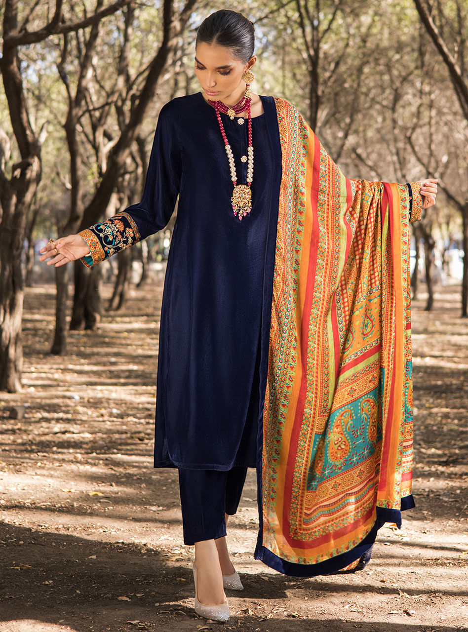 Pakistani Deep Navy Embroidered Velvet Salwar Kameez (3-Piece) - Image 4
