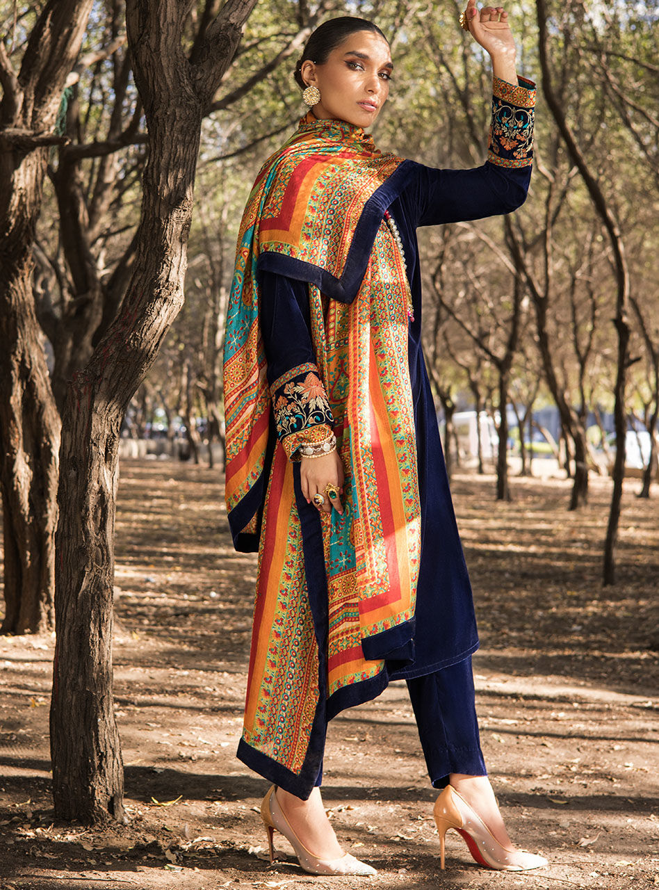 Pakistani Deep Navy Embroidered Velvet Salwar Kameez (3-Piece) - Image 6
